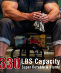 Man seated on black heavy-duty Stool with 330 LBS capacity; Rolling Shop Stool with Wheels, Garage Work Mechanic Stool with Backrest, Roller Mechanic Chair.