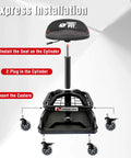Exploded view of Rolling Shop Stool with Wheels, Garage Work Mechanic Stool with Backrest, roller mechanic chair, adjustable height, tool tray storage.