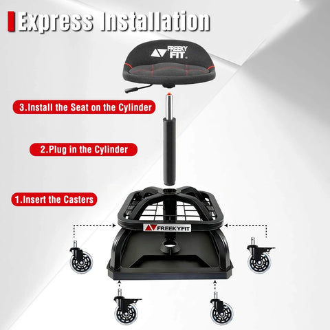 Exploded view of Rolling Shop Stool with Wheels, Garage Work Mechanic Stool with Backrest, roller mechanic chair, adjustable height, tool tray storage.