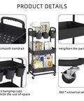 3 Tier Rolling Storage Cart With Lockable Wheels And Extra Hanging Cups For Kitchen, Bathroom, Living Room Or Office