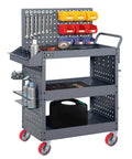 Rolling metal tool cart with red caster wheels, organized tools, and accessory bins on shelves and pegboard