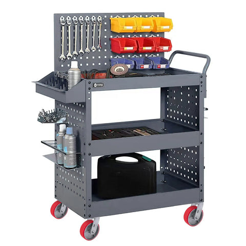 Rolling metal tool cart with red caster wheels, organized tools, and accessory bins on shelves and pegboard