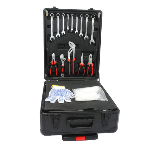 Open view of All In One Roll Bar Box Kit With 899 Precision Tools For Home And Auto Repairs Including Emergency Car Fixes Plus Water Electrical And Woodworking Essentials For Gardeners Homeowners And Handymen On The Go Silver, showing organized wrenches, pliers, and gloves in a black case.