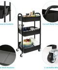 3 Tier Rolling Utility Cart With Caster Wheels Four Wheels Two Lockable For Kitchen And Bathroom Super Handy