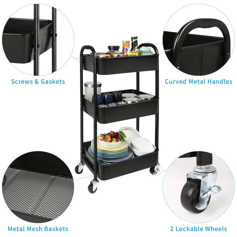 3 Tier Rolling Utility Cart With Caster Wheels Four Wheels Two Lockable For Kitchen And Bathroom Super Handy