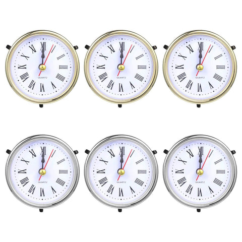 Six Pack Roman Numeral Clock Mechanisms with quartz movement, gold and silver finishes, for epoxy resin clock casting DIY projects