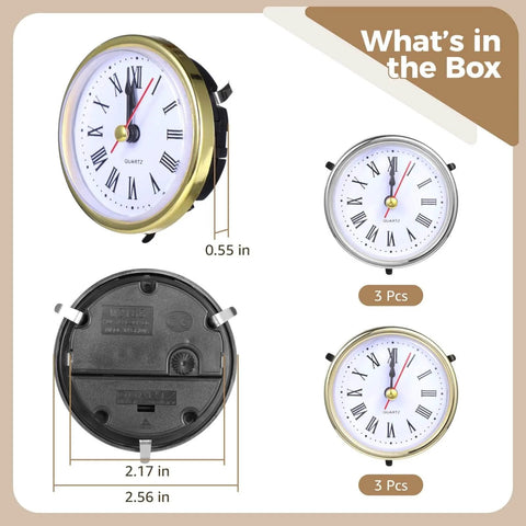 Six Pack Roman Numeral Clock Mechanisms With Battery Powered Quartz Movement In Gold And Silver Finishes for clock casting and decor projects.