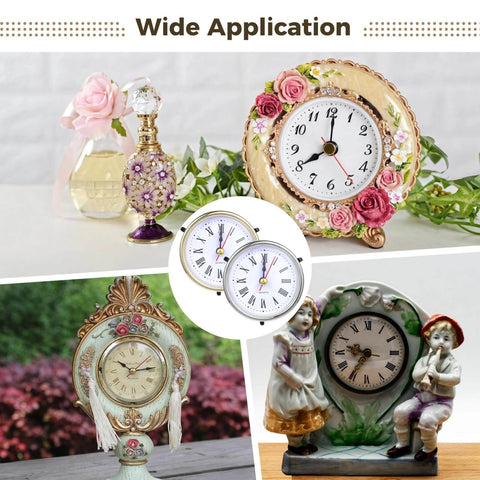 Six Pack Roman Numeral Clock Mechanisms with battery-powered quartz movement in decorative clock settings
