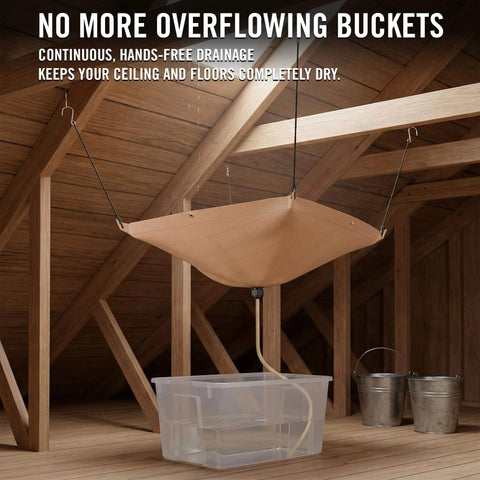 Heavy Duty Roof Leak Diverter Tarp Kit 5x5 Ft Waterproof Ceiling Rain Catcher With Drainage System installed in attic