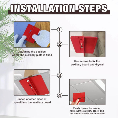 Installation steps for ✝️ 2 Pieces Roof Plaster Positioning & Fixing Board, showing use on drywall and plasterboard ceilings.