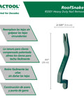 Roof Snake RS501 Shingle Pry Bar for Nail Removal and Damaged Shingle Replacement shown with dimensions and features diagram.