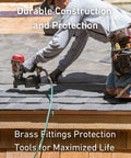 Person using a nail gun for roofing with 1/4 Inch Brass Male Industrial Coupler 12 Pack Air Hose Fittings NPT Quick Connector visible.