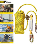 Durable 25 ft rope safety lanyard with vertical lifeline, braided polyester, 310 lb load, alloy grab, shock absorber for fall protection