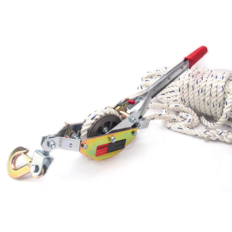 Three Quarter Ton Rope Puller Come Along Winch with 100 Ft Rope for tree felling hauling boats and securing materials, side view