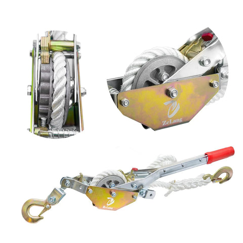 Rope Puller With 98 Ft 0.6 Inch Polyester Rope, Three Quarter Ton Load Capacity, Aluminum Alloy Gears, Two Hooks