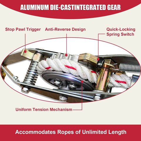 Close-up of aluminum die-cast integrated gear with rope and mechanisms for 1.5 Ton Rope Puller With 20 Ft Of 0.6 Inch Rope Dual Hook Come Along Winch Heavy Duty Ratchet Puller For Boat Moving.