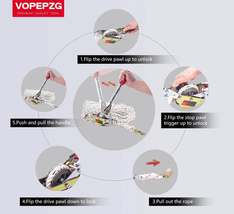 Step-by-step guide using Three Quarter Ton Rope Puller Come Along Winch With 100 Ft Rope for tree felling and material securing.