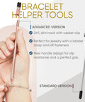 Bracelet Fastener Helper Tool With Hook For Bracelet Necklace Jewelry And Watch Clasp Clip Grab And Go Portable Easy To Use No Slip Grip Made Of Durable Metal With Rose Finish shown being used on a wrist with bracelet.