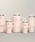 Multiple sizes of rugged 30 oz insulated stainless steel tumblers in Rose Quartz 2.0 with handles and FlowState three-position lids