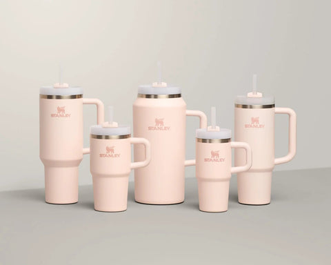 Multiple sizes of rugged 30 oz insulated stainless steel tumblers in Rose Quartz 2.0 with handles and FlowState three-position lids