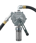 Front view of GPI - RP-10-UL Rotary Action Fluid Transfer Hand Pump, 10 Gallons per 100 Revolutions (123000-06) with hose