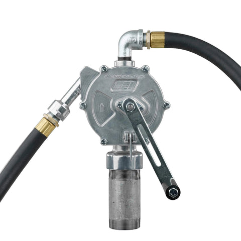 Front view of GPI - RP-10-UL Rotary Action Fluid Transfer Hand Pump, 10 Gallons per 100 Revolutions (123000-06) with hose