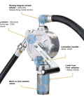 GPI - RP-10-UL Rotary Action Fluid Transfer Hand Pump, 10 Gallons per 100 Revolutions (123000-06), side view with hose