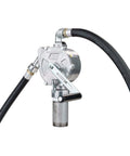 Front view of GPI - RP-10-UL Rotary Action Fluid Transfer Hand Pump with hose, corrosion-resistant aluminum body.