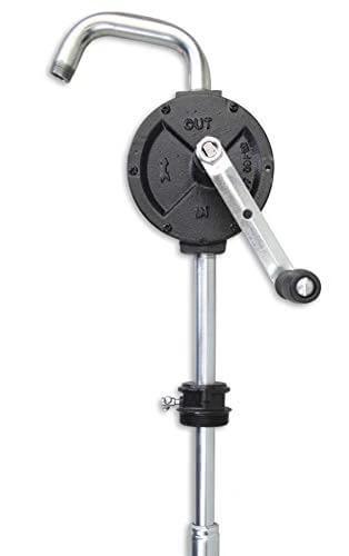 Groz 44080 Rotary Fuel Pump with Steel Discharge Spout featuring crank handle and telescoping suction tube