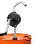 Groz 44080 Rotary Fuel Pump with Steel Discharge Spout mounted on an orange barrel, showing crank and spout design.