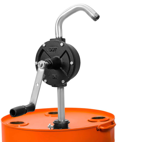 Groz 44080 Rotary Fuel Pump with Steel Discharge Spout mounted on an orange barrel, showing crank and spout design.