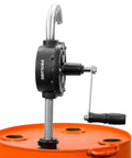 Groz 44080 Rotary Fuel Pump with Steel Discharge Spout mounted on an orange barrel, side view