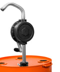 Front view of Groz 44080 Rotary Fuel Pump with Steel Discharge Spout mounted on an orange barrel.