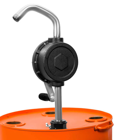 Front view of Groz 44080 Rotary Fuel Pump with Steel Discharge Spout mounted on an orange barrel.