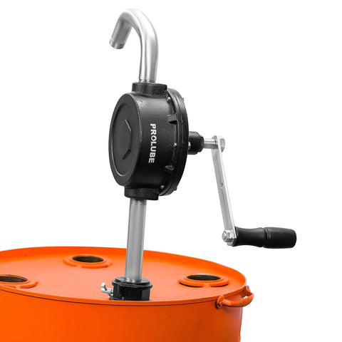 Side view of Groz 44080 Rotary Fuel Pump with Steel Discharge Spout mounted on an orange barrel, showing the handle and spout.