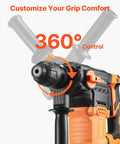 Close-up of Powerful 1-1/4 inch SDS-Plus rotary hammer with 13A motor and 5.5J impact featuring 360-degree adjustable grip handle.
