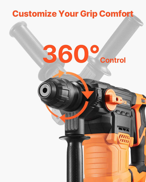 Close-up of Powerful 1-1/4 inch SDS-Plus rotary hammer with 13A motor and 5.5J impact featuring 360-degree adjustable grip handle.