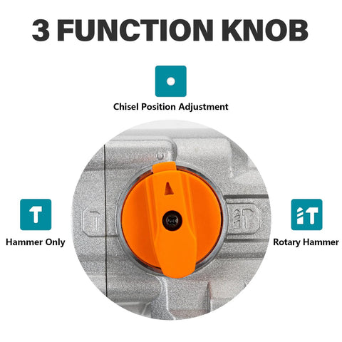Close-up of 3 function knob for Heavy Duty SDS Max Rotary Hammer Drill With Vibration Control And Safety Clutch 13 Amp Motor.