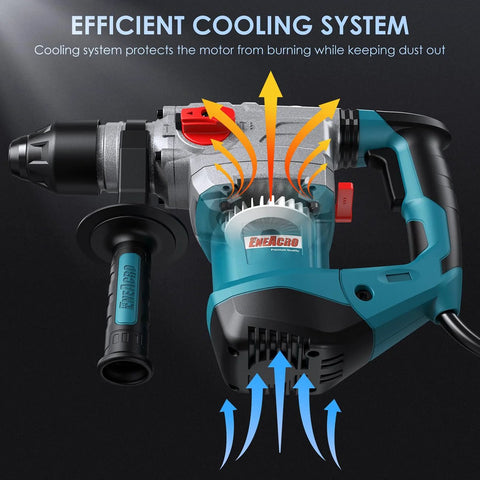 Heavy Duty SDS Plus Rotary Hammer Drill 13 Amp With Four Function Modes Vibration Control Case Included Chisel Set And Drill Bit Kit For Concrete Masonry Tile Professional Job Site Use with blue cooling system diagram