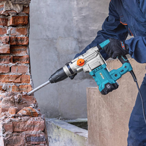 Worker using Heavy Duty SDS Max Rotary Hammer Drill With Vibration Control And Safety Clutch 13 Amp Motor for concrete breaking
