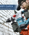 Worker using Heavy Duty SDS Plus Rotary Hammer Drill 13 Amp With Four Function Modes on brick wall