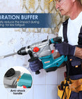 Heavy Duty SDS Plus Rotary Hammer Drill 13 Amp With Four Function Modes Vibration Control Case Included Chisel Set And Drill Bit Kit For Concrete Masonry Tile Professional Job Site Use in action on wall