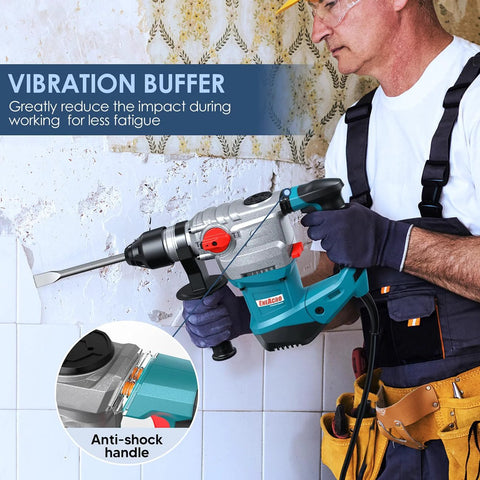 Heavy Duty SDS Plus Rotary Hammer Drill 13 Amp With Four Function Modes Vibration Control Case Included Chisel Set And Drill Bit Kit For Concrete Masonry Tile Professional Job Site Use in action on wall