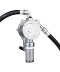GPI - RP-10-UL Rotary Action Fluid Transfer Hand Pump, aluminum body, side view with hoses attached, 123000-06