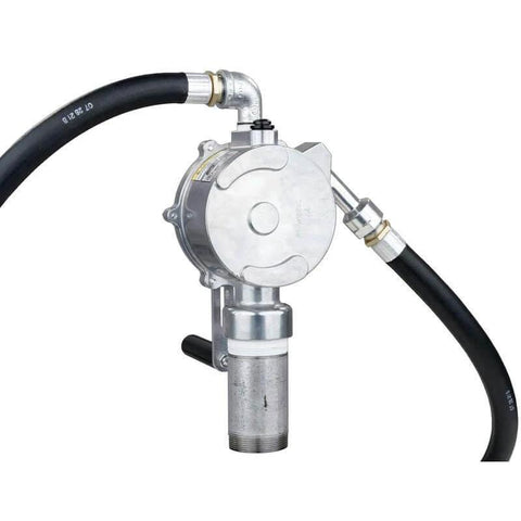 GPI - RP-10-UL Rotary Action Fluid Transfer Hand Pump, aluminum body, side view with hoses attached, 123000-06