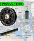 Diagram of 2-Post Lift Upper Pulley Sheave Kit For Rotary Lift SPOA7 SPOA9 showing sizes of pulleys, spacer, shaft, and cotter pin.
