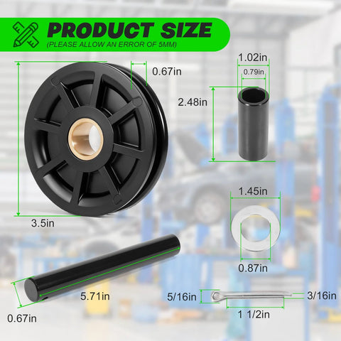 Diagram of 2-Post Lift Upper Pulley Sheave Kit For Rotary Lift SPOA7 SPOA9 showing sizes of pulleys, spacer, shaft, and cotter pin.
