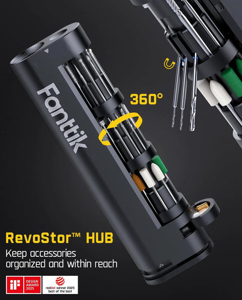 Revostor Hub for Cordless Rotary Tool Kit with accessory storage shown at 360-degree rotation