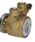 Side view of Fluid-O-Tech CB054 Rotary Vane Pump New with brass body and NSF certification label, showing inlet and outlet connections.