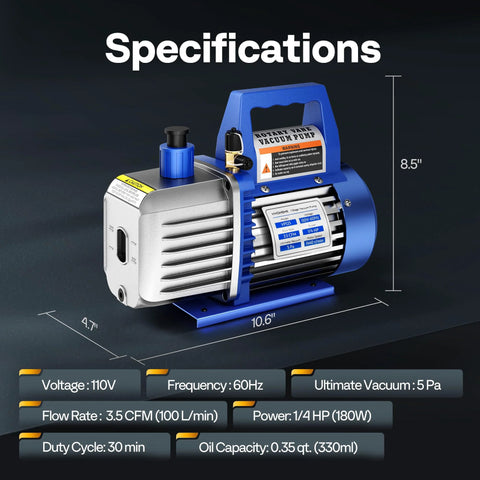 Go-To 110V 1/4 HP Single Stage Rotary Vane Vacuum Pump with 3.5 CFM, showing specifications and dimensions.
